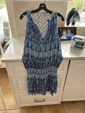 Ramy Brook Blue and White Tie-Dye Crochet-Back Dress
